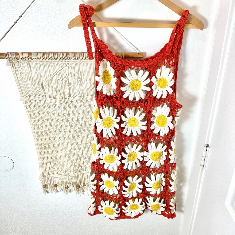 🌼 Anthropologie Floral Daisy Orange White Sun Flower Crochet Beach Dress M/L - Picture 3 of 10